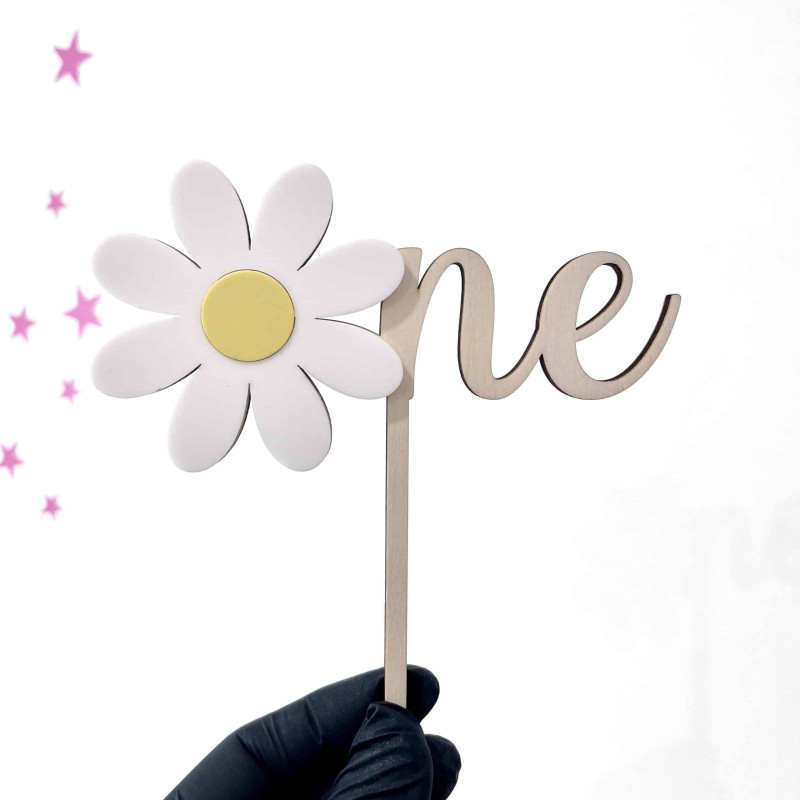 Topper cake double One avec Marguerite en bois Topper cake double One avec Marguerite en bois