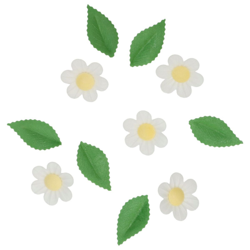 Décorations en gaufrette fleurs et feuilles blanches Set/11 Décorations en gaufrette fleurs et feuilles blanches Set/11